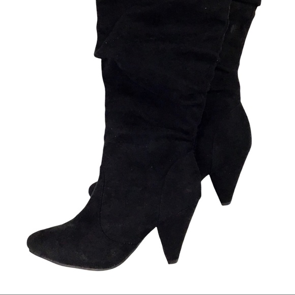 Faux Suede Slouchy Knee High Cone Heel Boots - Picture 2 of 10